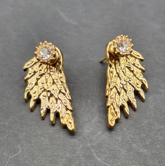 Gold Wing Stud Earrings with Crystal Accent – Angelic Boho Statement Jewelry - Picture 3 of 5